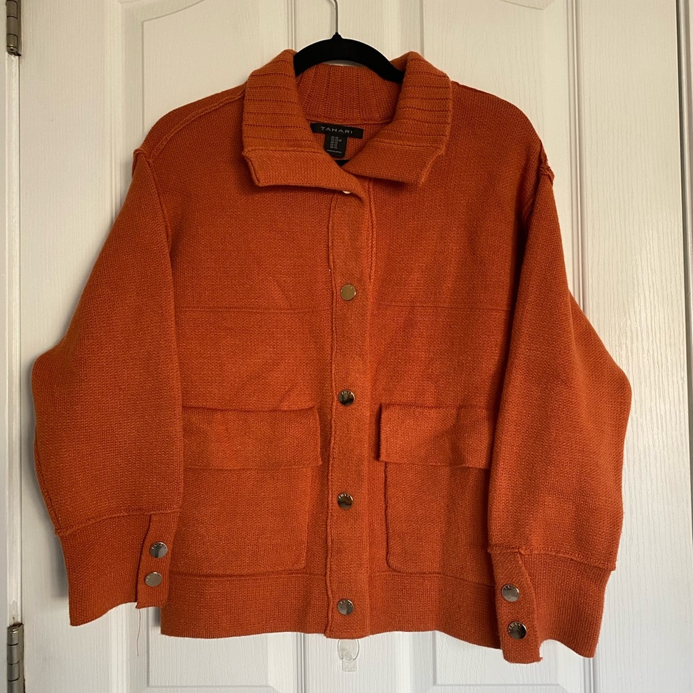 TAHARI Button-Up Cardigan Sweater Jacket with Gold-tone Buttons XS Rust Brown